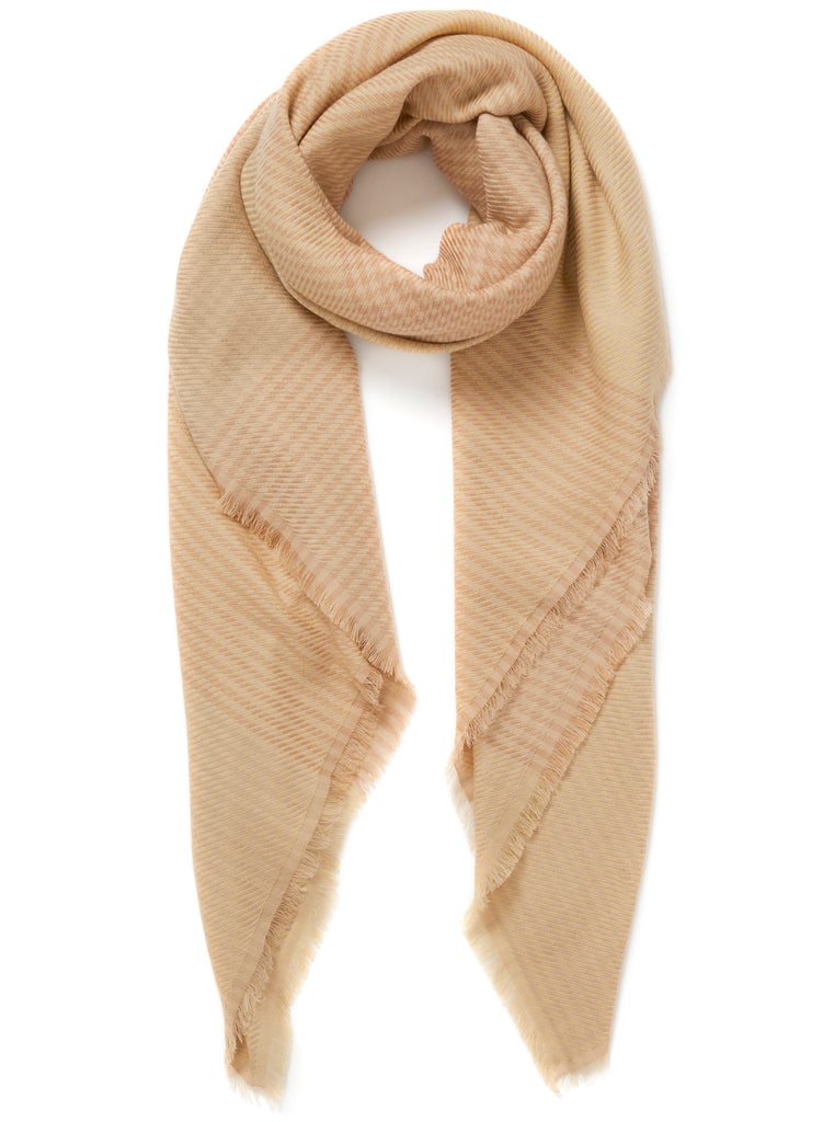 JANE CARR The Jenga Square in Biscuit, neutral multicolour checked lambswool scarf – tied