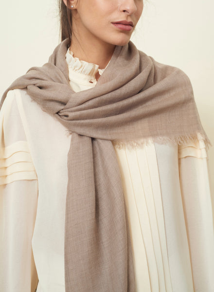 JANE CARR The Sheer Fray Square in Taupe, taupe super fine pure cashmere scarf - model 1