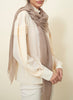 JANE CARR The Sheer Fray Square in Taupe, taupe super fine pure cashmere scarf - model 2