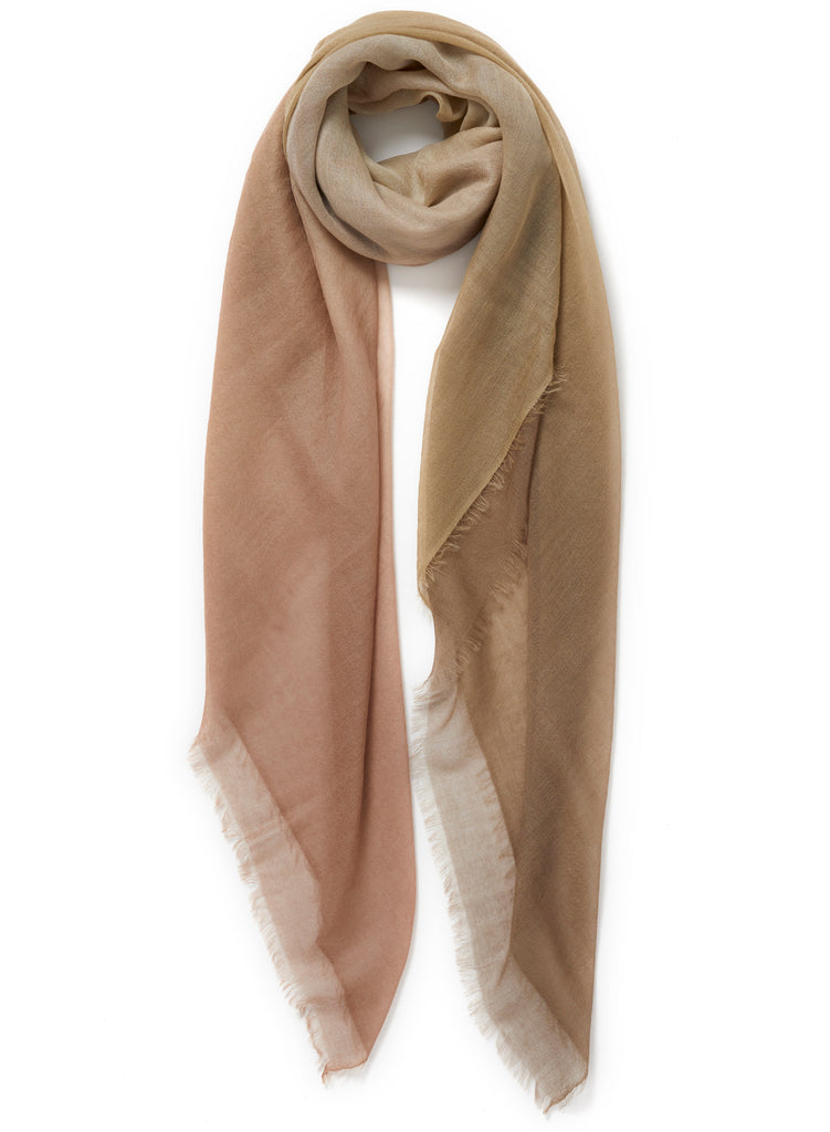 JANE CARR The Wave Carré in Mouse, pink and neutral hand painted cashmere dégradé square - tied