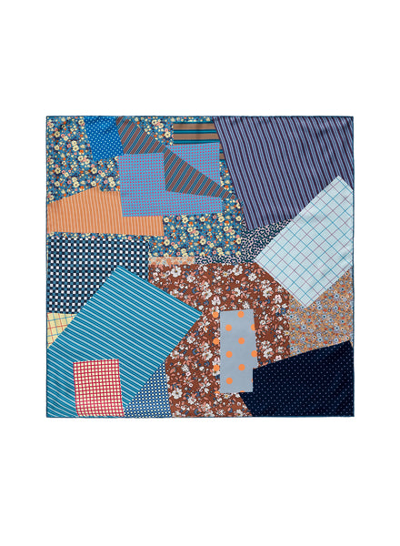 JANE CARR The Dazzle Petit Foulard in Mid Blue, blue multicolour printed silk twill scarf – flat