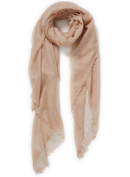 The Featherweight in Calamine, blush pink woven pure cashmere scarf - tied