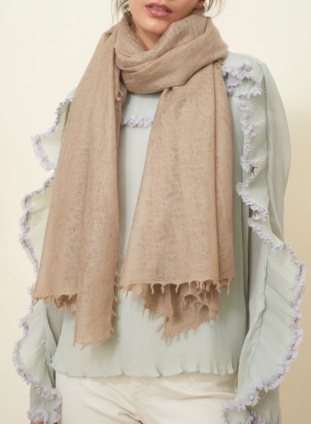 The Featherweight in Taupe, taupe woven pure cashmere scarf - model