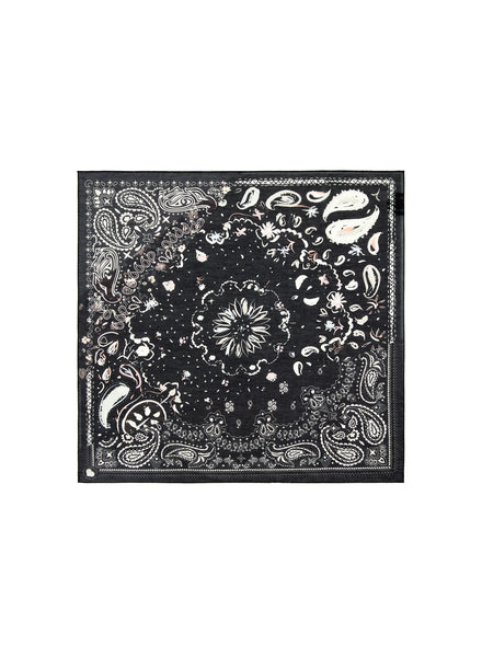 JANE CARR The Ranch Neckerchief in Black, black printed cotton and silk-blend scarf – flat