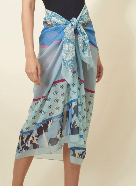 JANE CARR The Puzzle Pareo in Mid Blue, blue multicolour printed cotton and silk-blend pareo – model 1