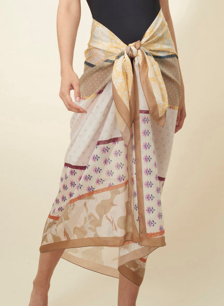 JANE CARR The Puzzle Pareo in Tannish, neutral and yellow printed cotton and silk-blend pareo – model 1