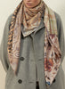 JANE CARR The Hobo Square in Biscotti, taupe multicolour printed silk twill scarf – model 1