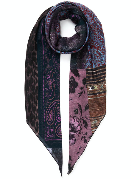 JANE CARR The Hobo Square in Storm, blue and purple multicolour printed modal and cashmere scarf – tied