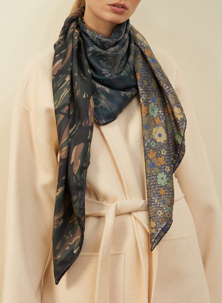 JANE CARR The Medley Square in Army Green, khaki green multicolour printed silk twill scarf – model 1