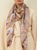 JANE CARR The Medley Square in Rose, pink multicolour printed silk twill scarf – model 1