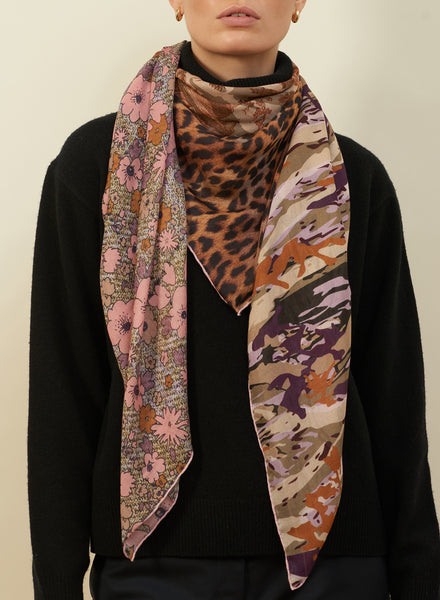 JANE CARR The Medley Square in Rose, pink multicolour printed modal and cashmere scarf – model 1