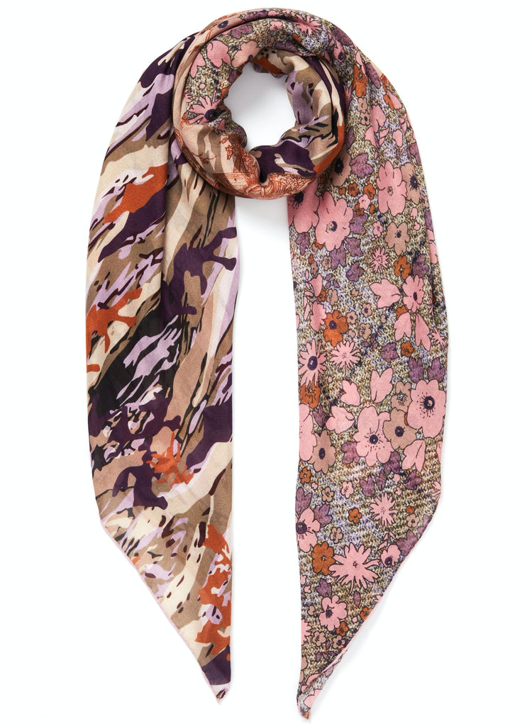 JANE CARR The Medley Square in Rose, pink multicolour printed modal and cashmere scarf – tied