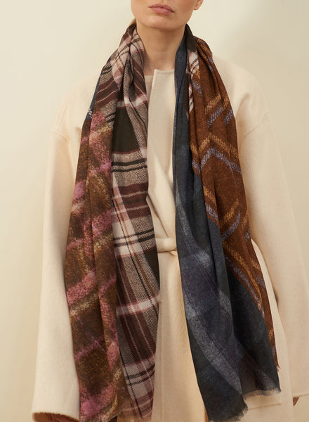 JANE CARR The Stirling Wrap in Chaffinch, blue and brown multicolour printed modal and cashmere scarf – model 1