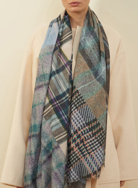 JANE CARR The Stirling Wrap in Sky, blue multicolour printed modal and cashmere scarf – model 1