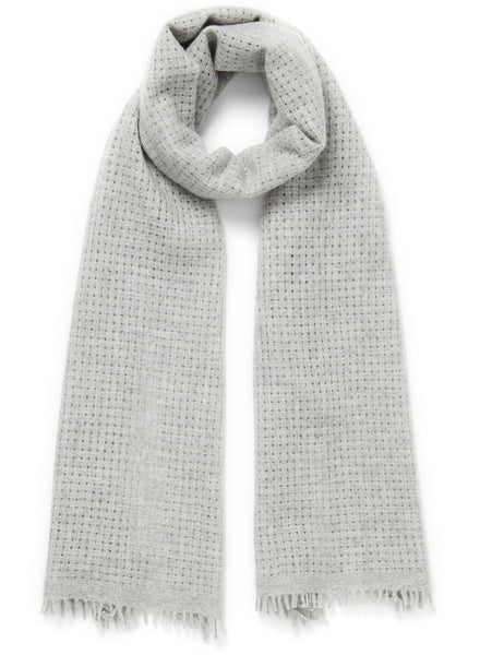 JANE CARR The Meribel Scarf in Mist, pale grey grid woven cashmere scarf  – tied