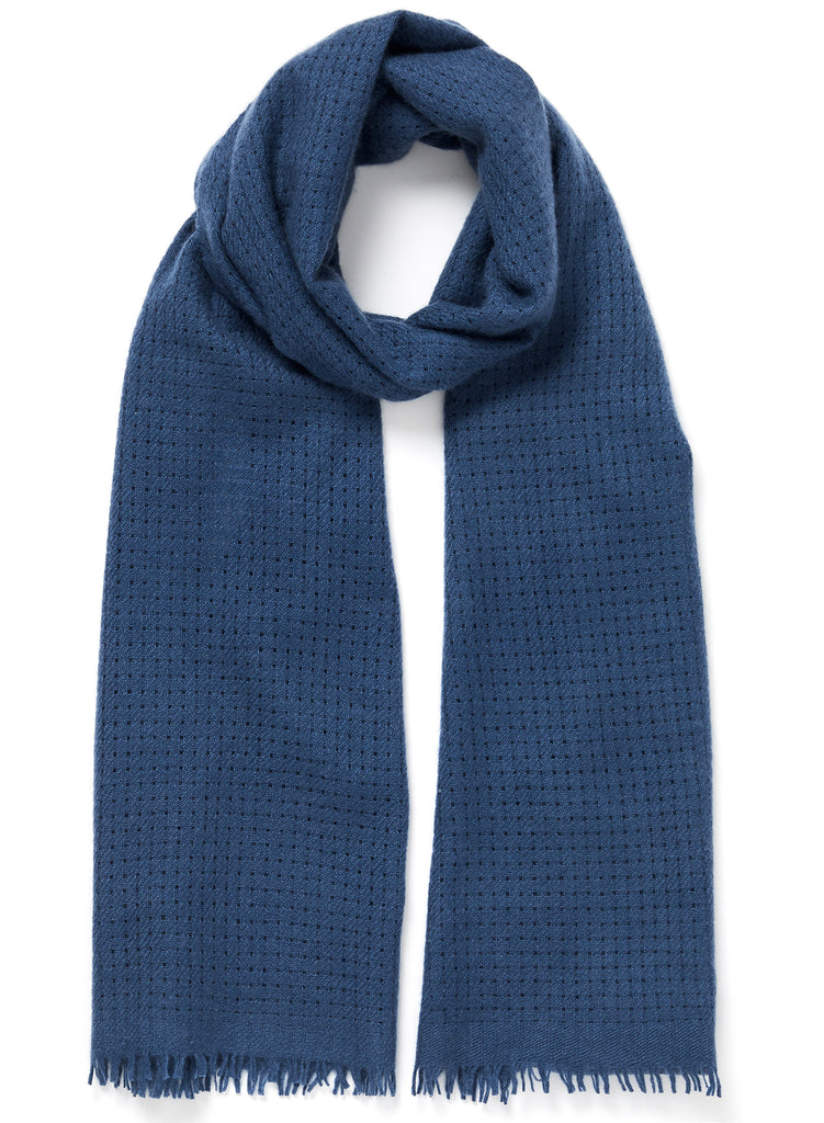 JANE CARR The Meribel Scarf in Storm, blue grid woven cashmere scarf  – tied