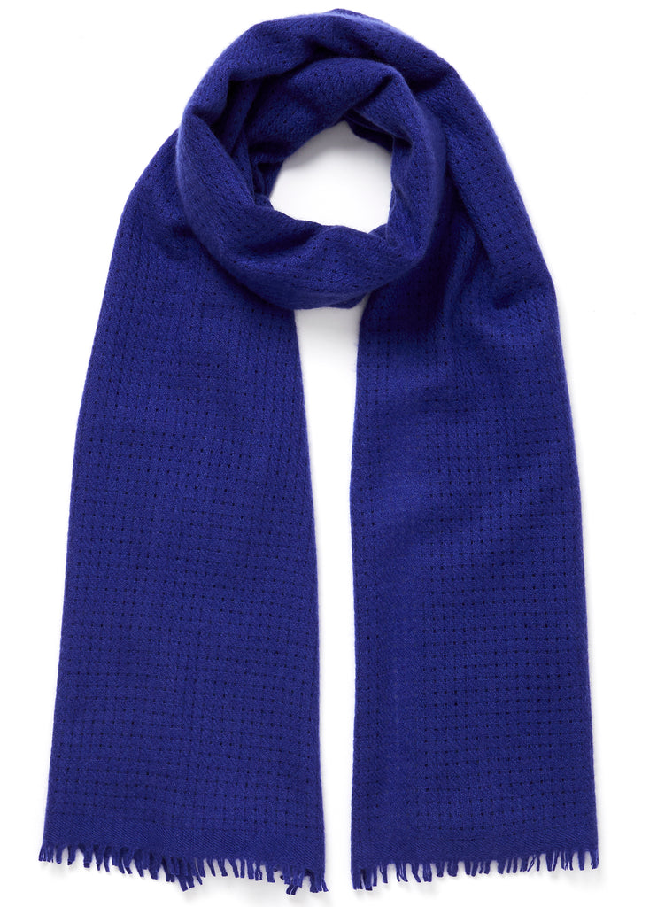 JANE CARR The Meribel Scarf in Violet, purple blue grid woven cashmere scarf – tied