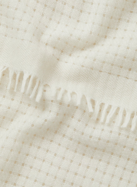 JANE CARR The Meribel Scarf in White, white refined grid woven cashmere scarf  – detail