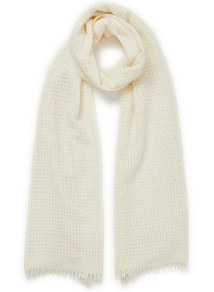 JANE CARR The Meribel Scarf in White, white refined grid woven cashmere scarf  – tied