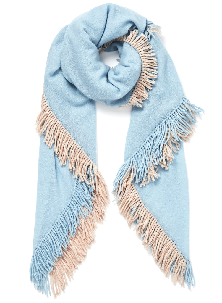 JANE CARR The Chalet Square in Sky, blue fringed pure cashmere scarf – tied