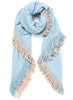 JANE CARR The Chalet Square in Sky, blue fringed pure cashmere scarf – tied
