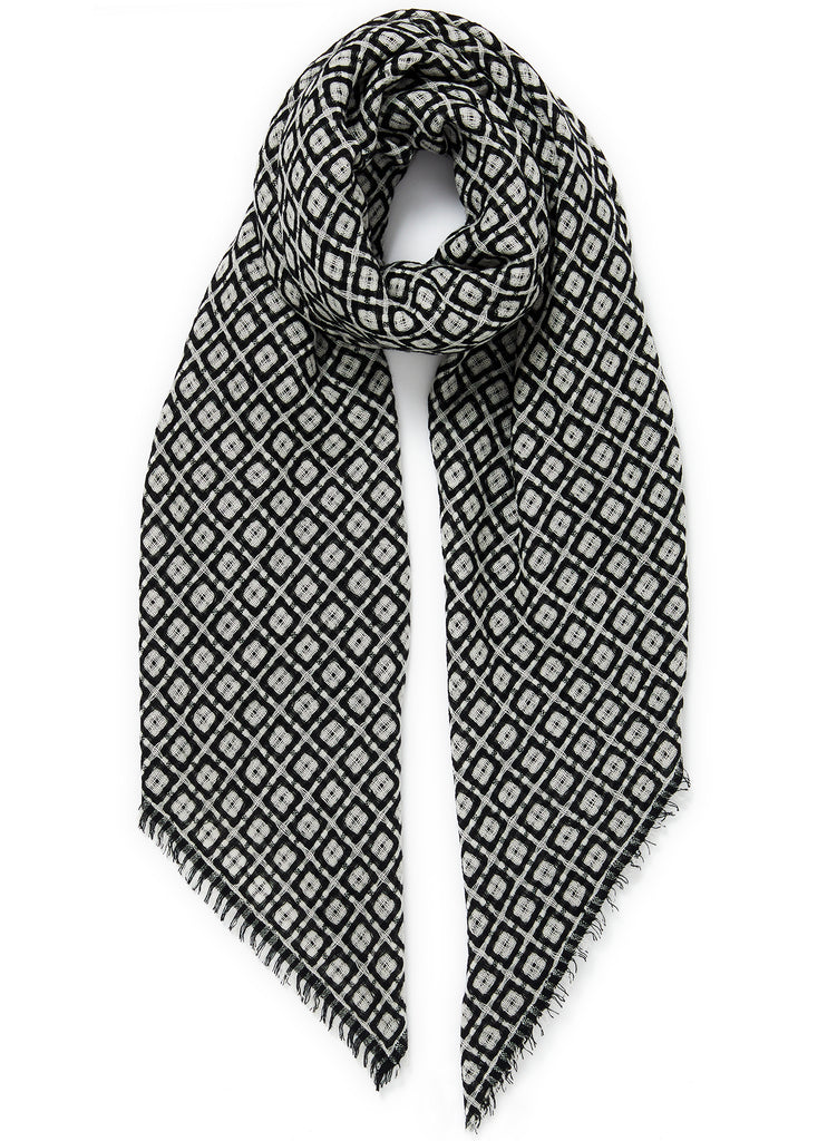 JANE CARR The Tile Square in Monochrome, black and ivory checked cashmere scarf – tied