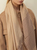 JANE CARR The Jenga Square in Light Beige, neutral checked lambswool scarf – model