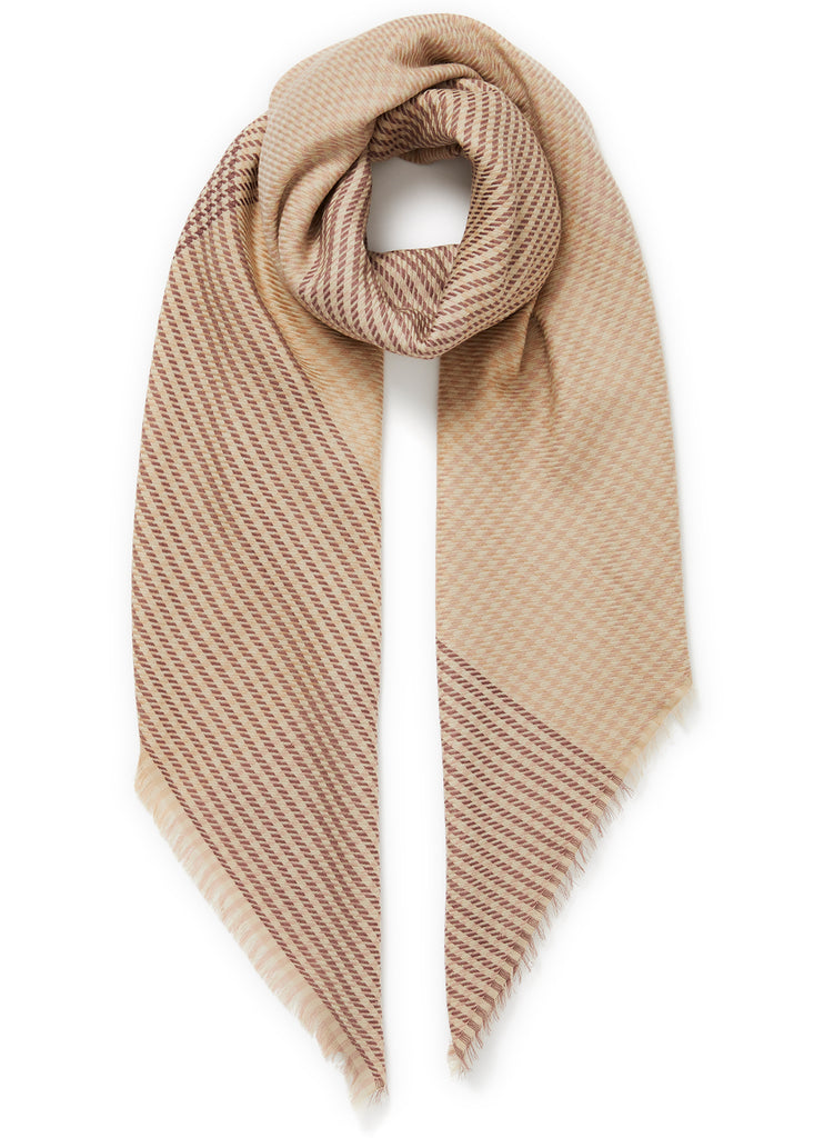 JANE CARR The Jenga Square in Light Beige, neutral checked lambswool scarf – tied 