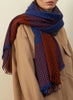 JANE CARR The Jenga Square in Rust, dark blue and orange checked lambswool scarf – model 1