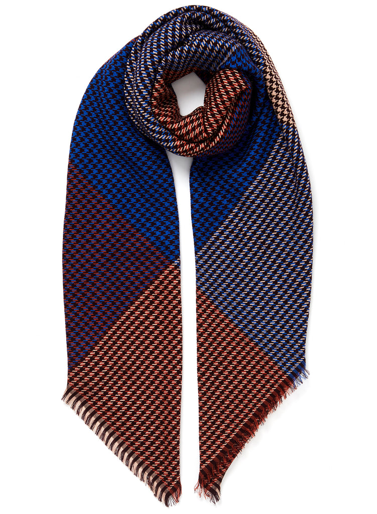 JANE CARR The Jenga Square in Rust, dark blue and orange checked lambswool scarf – tied