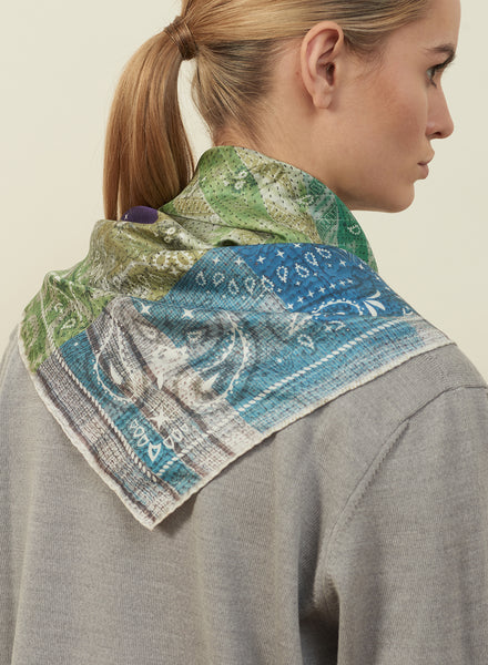 JANE CARR The Atlas Petit Foulard in Grass, green multicolour printed silk twill scarf – model 1