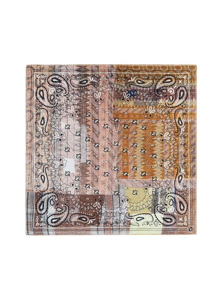 JANE CARR The Atlas Petit Foulard in Olive, neutral multicolour printed silk twill scarf – flat