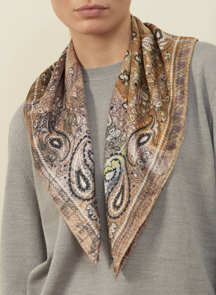 JANE CARR The Atlas Petit Foulard in Olive, neutral multicolour printed silk twill scarf – model 1