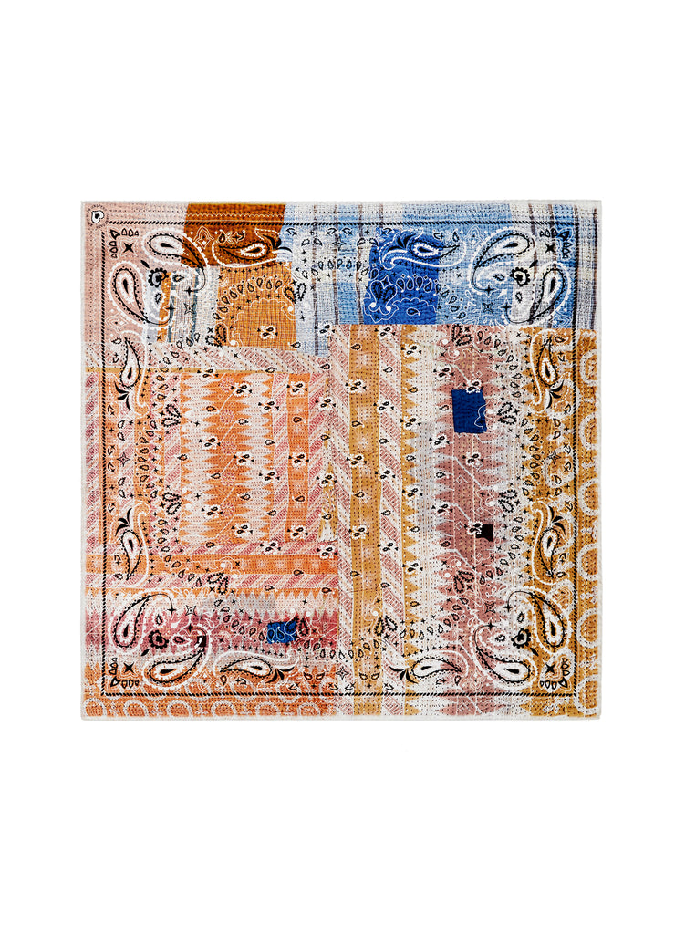 JANE CARR The Atlas Petit Foulard in Tan, pink and orange multicolour printed silk twill scarf – flat