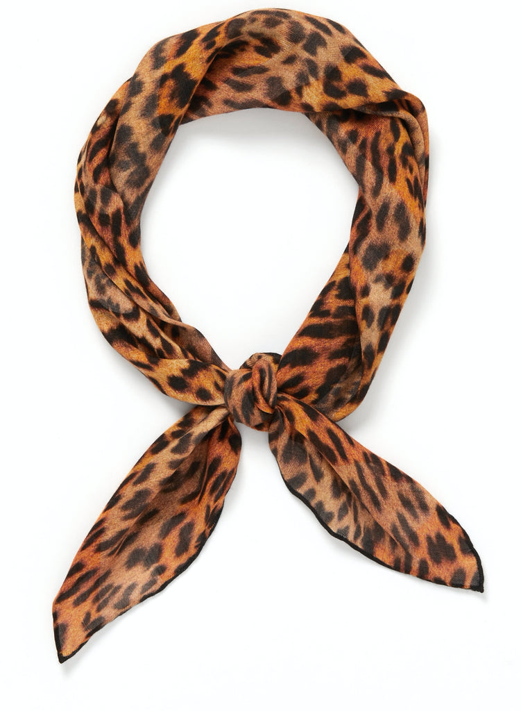 JANE CARR The Cub Neckerchief in Gold, gold printed modal and cashmere scarf – tied