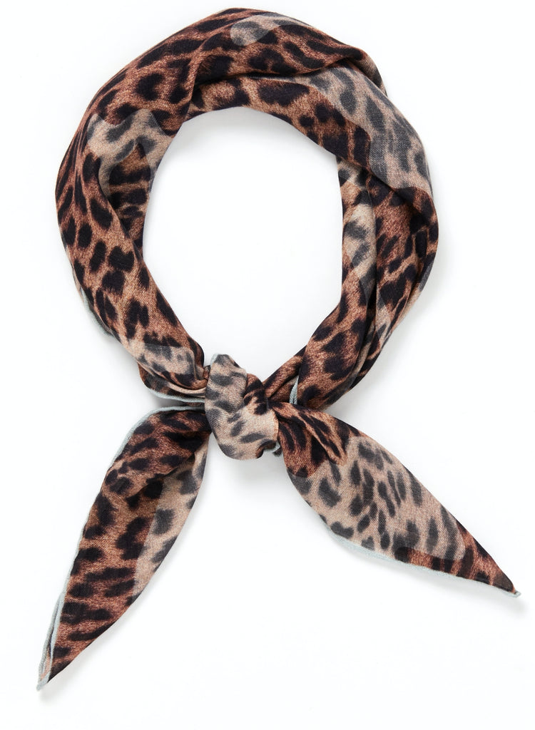 JANE CARR The Cub Neckerchief in Smoke, taupe and grey printed modal and cashmere scarf – tied