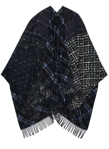 JANE CARR The Hobo Reversible Cape in Navy, dark blue multicolour printed wool cape – tied