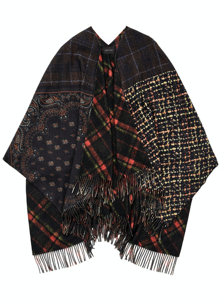 JANE CARR The Hobo Reversible Cape in Treacle, brown and red multicolour printed wool cape – tied