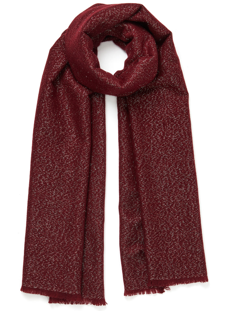 JANE CARR The Cosmos Scarf in Cranberry, dark red cashmere scarf with silver Lurex – tied