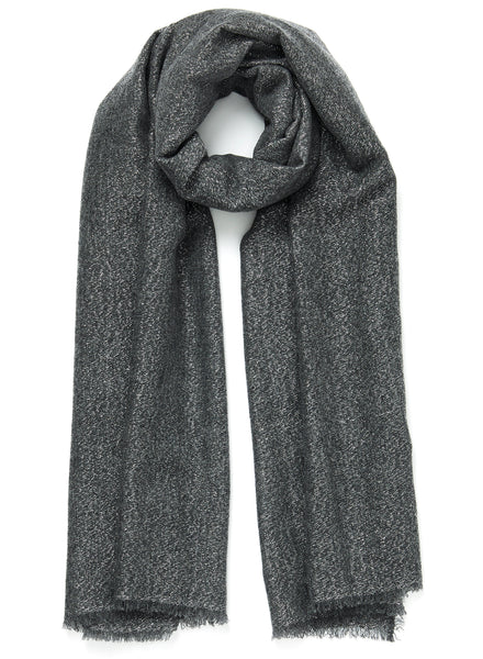 JANE CARR The Cosmos Scarf in Granite, dark grey cashmere scarf with silver Lurex – tied