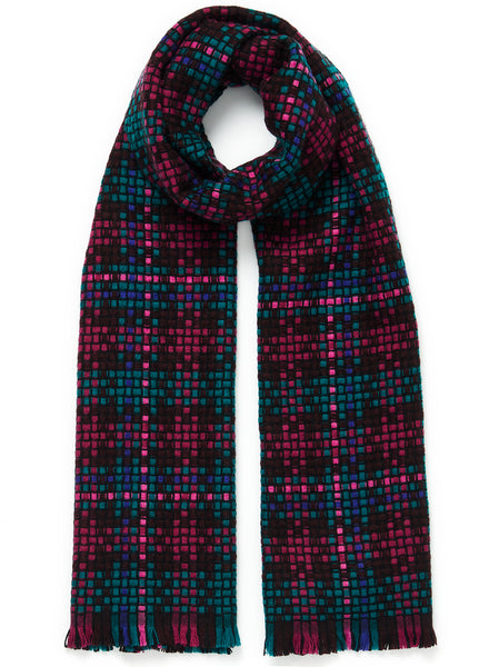 JANE CARR The Plaid Scarf in Bottle, dark multicolour woven lambswool and cashmere scarf – tied