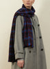 JANE CARR The Plaid Scarf in Ink, blue and purple checked lambswool and cashmere scarf – model 1