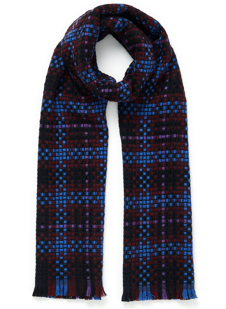 JANE CARR The Plaid Scarf in Ink, blue and purple checked woven lambswool and cashmere scarf – tied