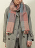 JANE CARR The Jenga Scarf in Clay, teal and red checked lambswool scarf - model 1