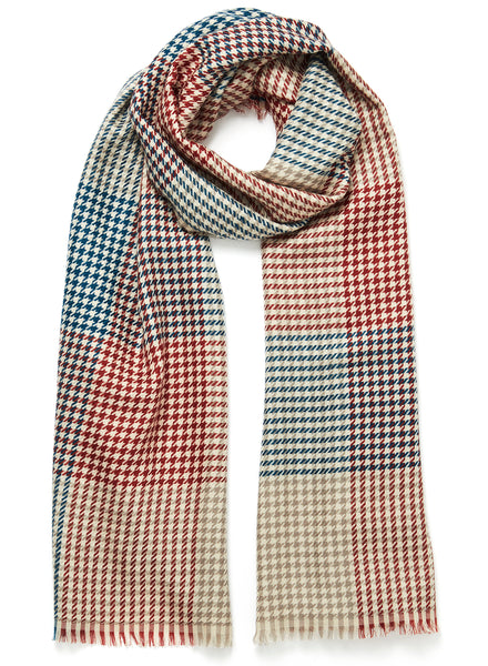 JANE CARR The Jenga Scarf in Clay, teal and red checked lambswool scarf - tied