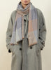JANE CARR The Jenga Scarf in Storm, blue and taupe checked lambswool scarf - model 2
