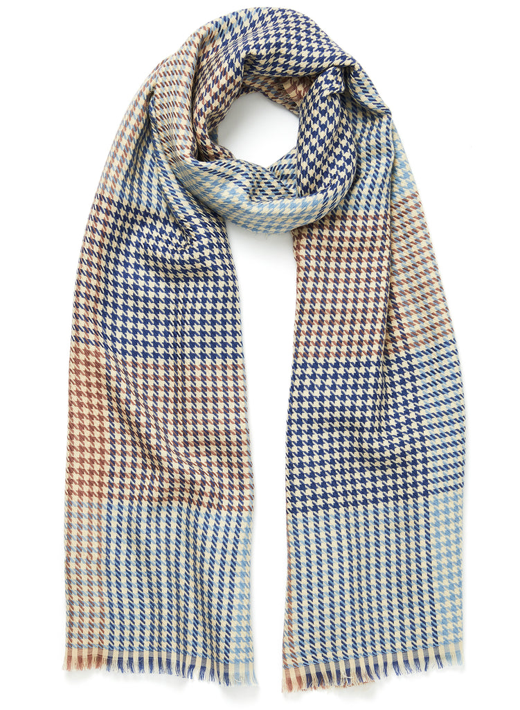 JANE CARR The Jenga Scarf in Storm, blue and taupe checked lambswool scarf - tied