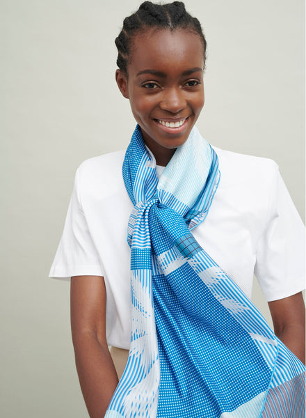 The Paradise Square, blue printed silk twill scarf – model 1