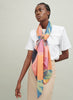 The Paradise Square, orange, pink and blue printed silk twill scarf – model 1