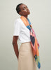 The Paradise Square, orange, pink and blue printed silk twill scarf – model 3